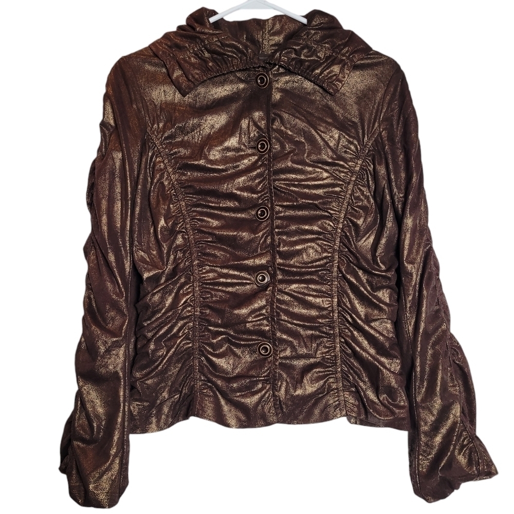 Cartise Metallic Gold Brown Ruched Button Up Lined Top Size 6